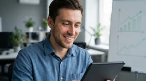 young man, digital tablet, business person, office worker, data analysis, technology use, smiling face, modern office, productivity, business success, financial growth, entrepreneur, professional male, market research, corporate environment, casual business, online business, innovation, positive attitude, work lifestyle, digital content, future vision, smart technology, ai generated